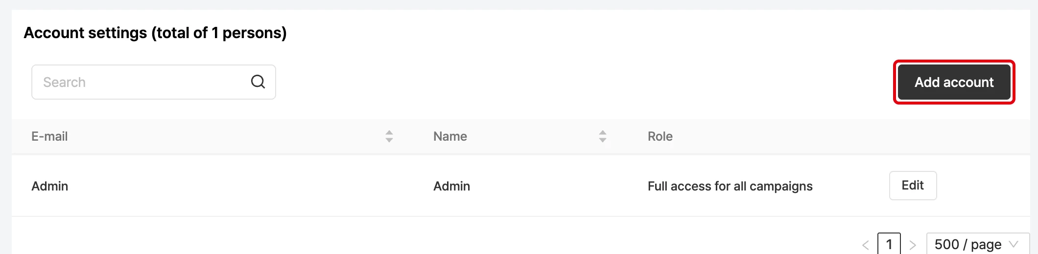 Admin account list