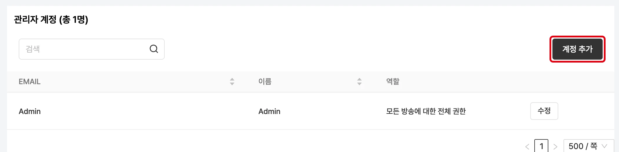 관리자 계정 목록