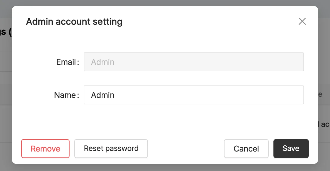 Admin account settings window