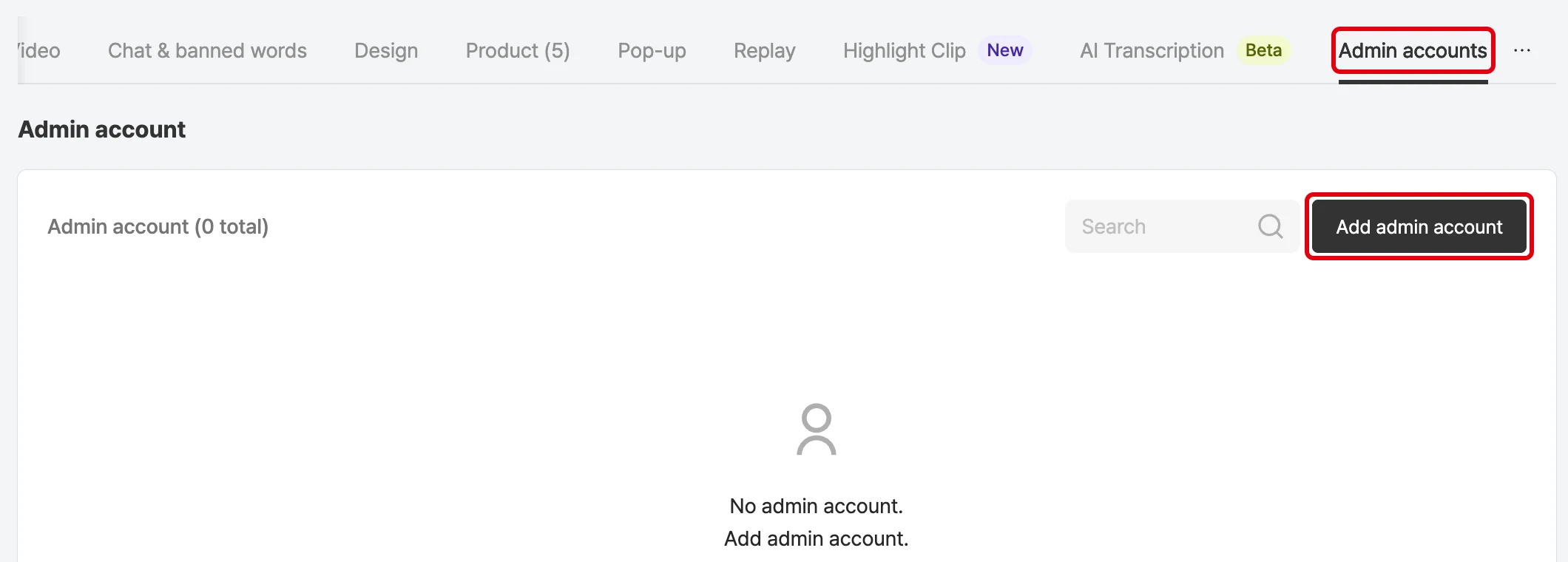 Admin accounts tab in the campaign details