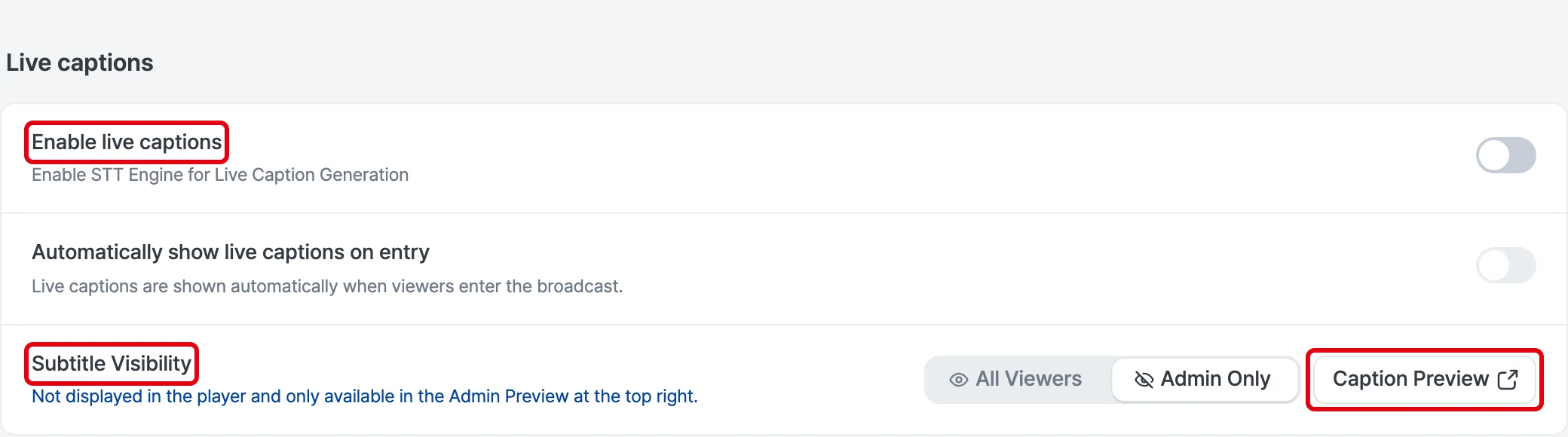 Live subtitle settings