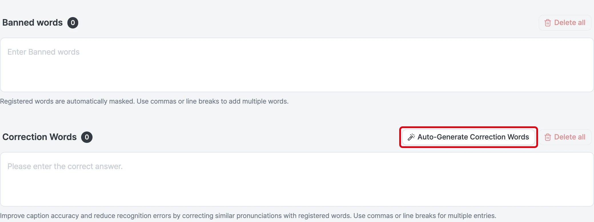 Banned words and correction words