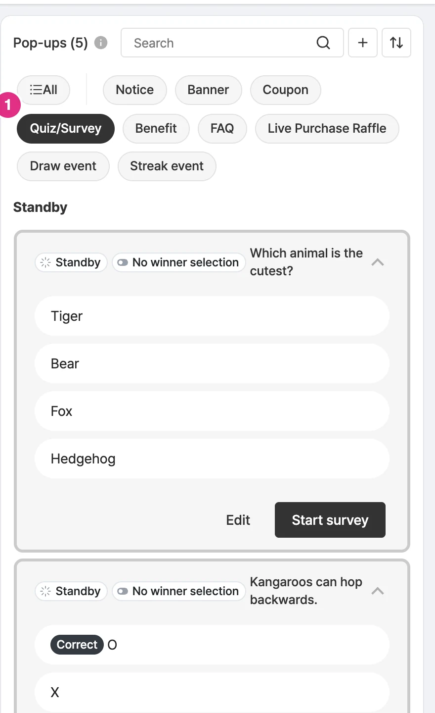 Quiz/survey list