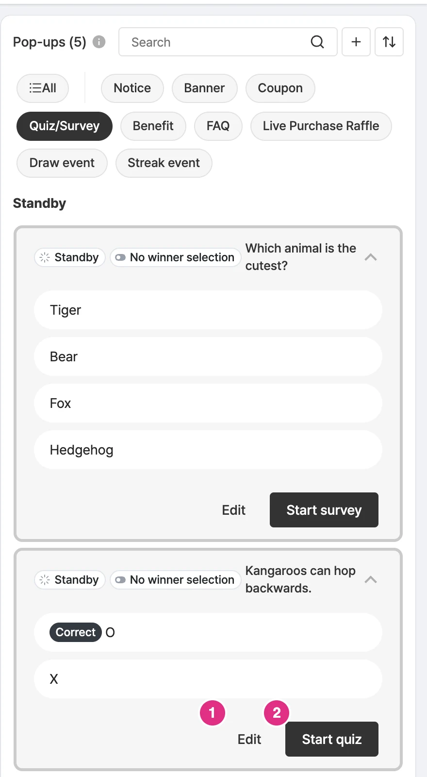 Start a quiz/survey