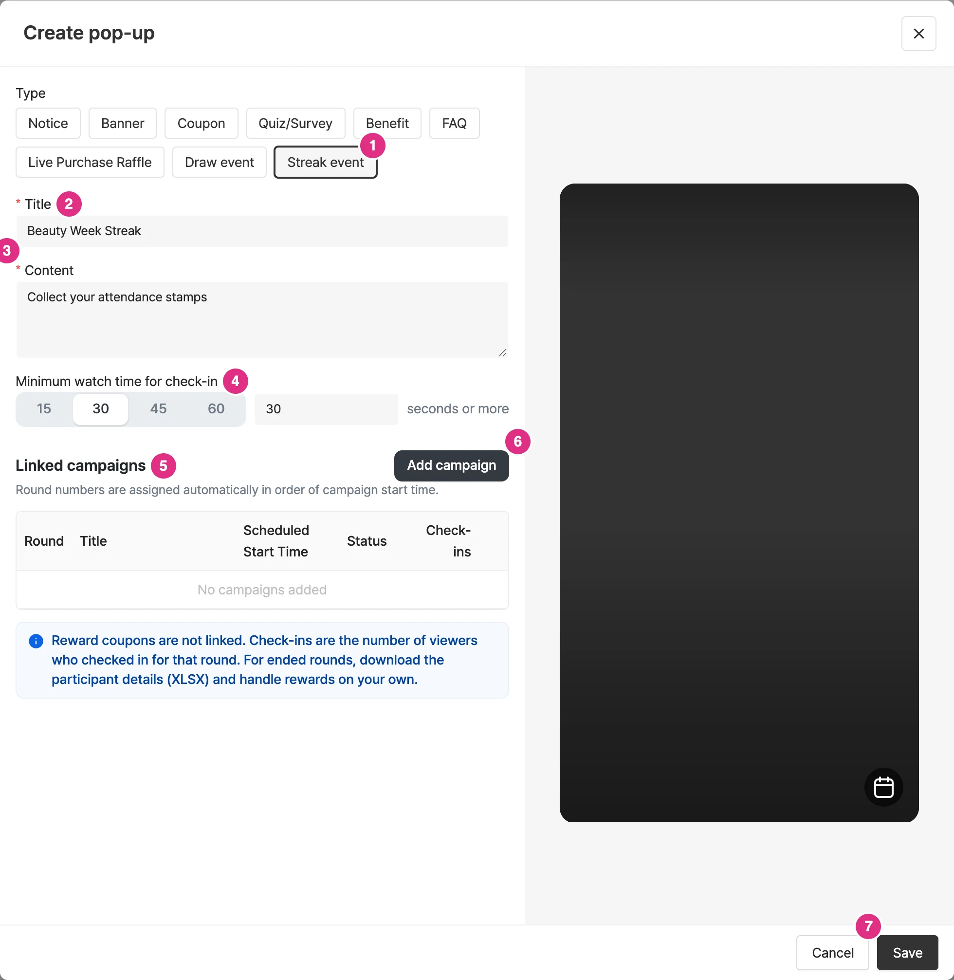 Create a Streak event popup