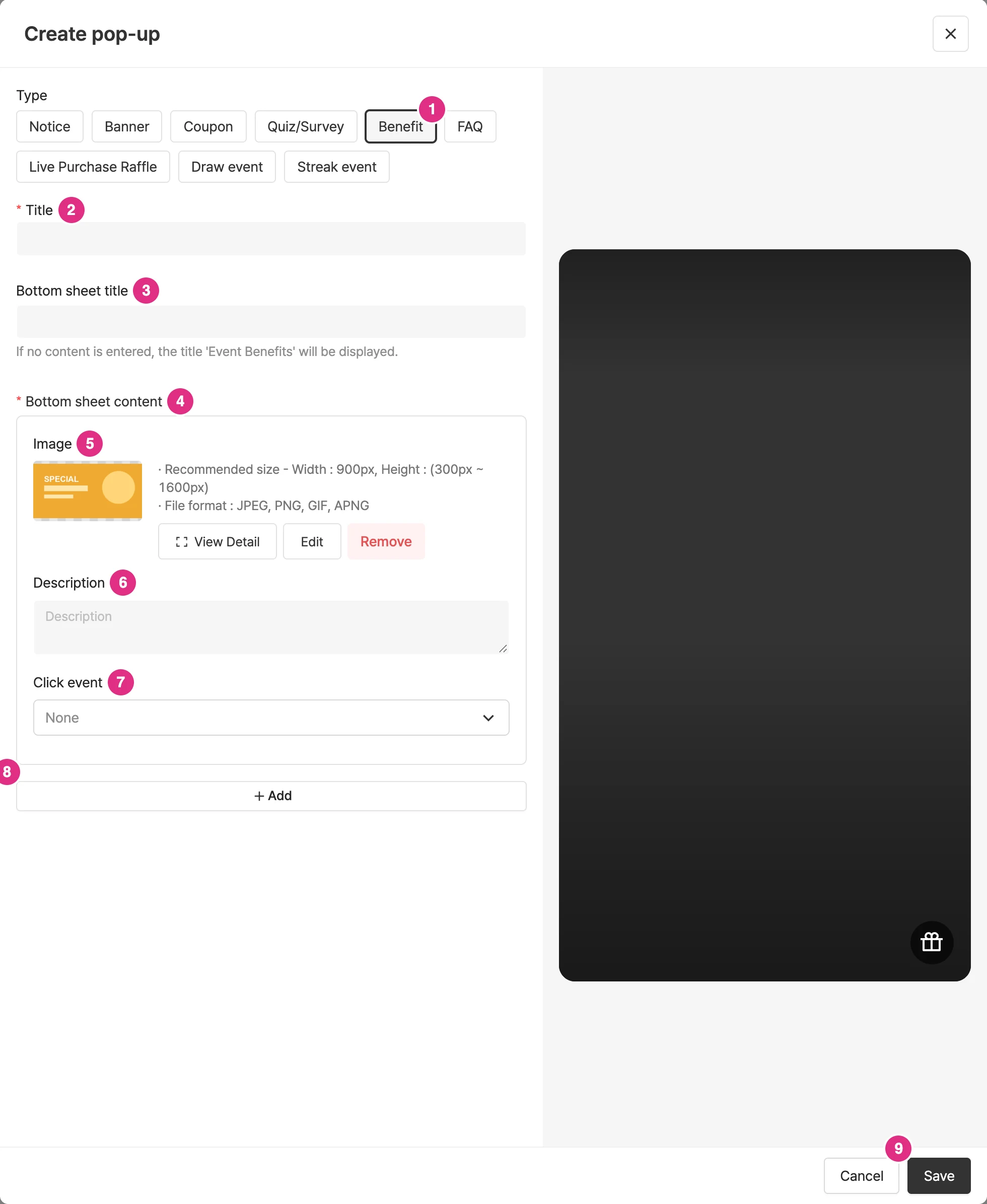 Create a benefit popup