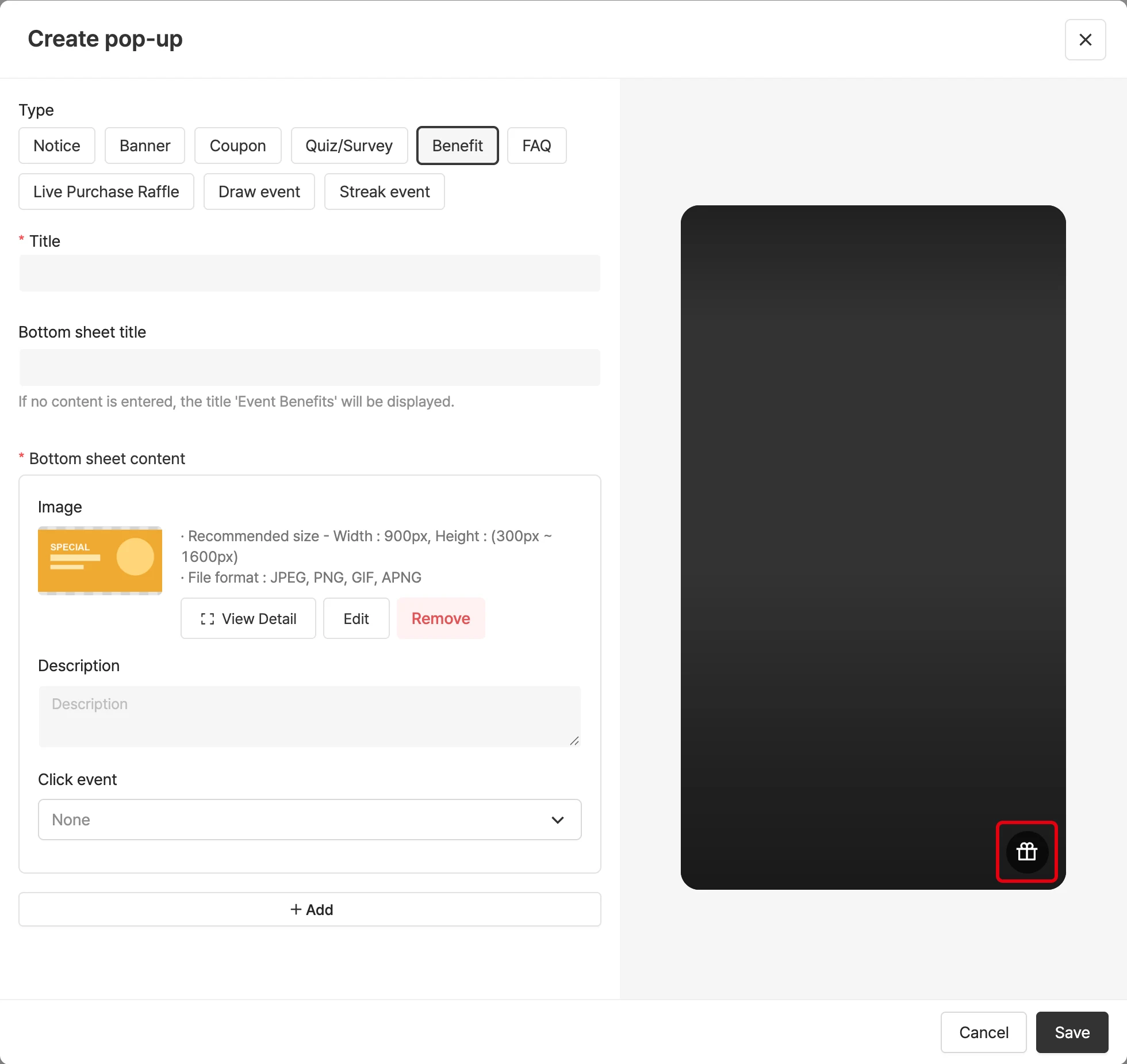 Create benefit popups