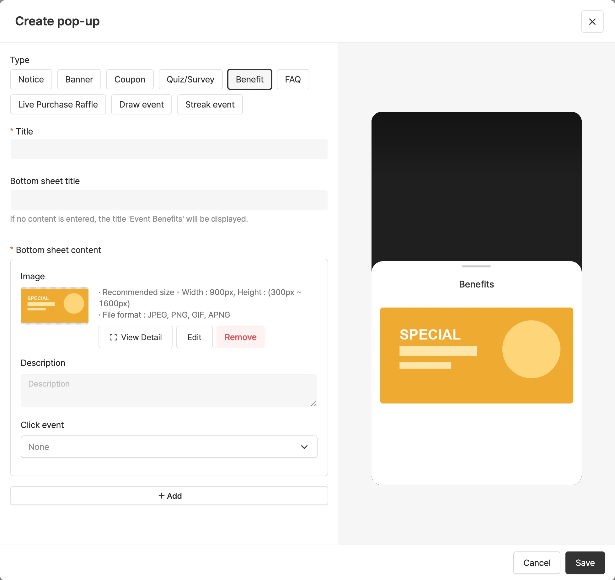 Create benefit popups