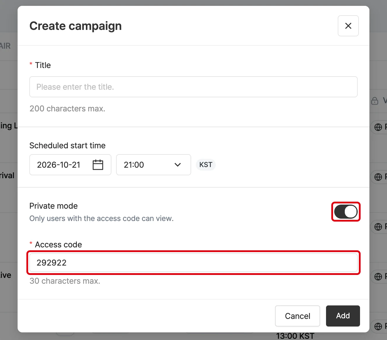 Create campaign window with private mode on