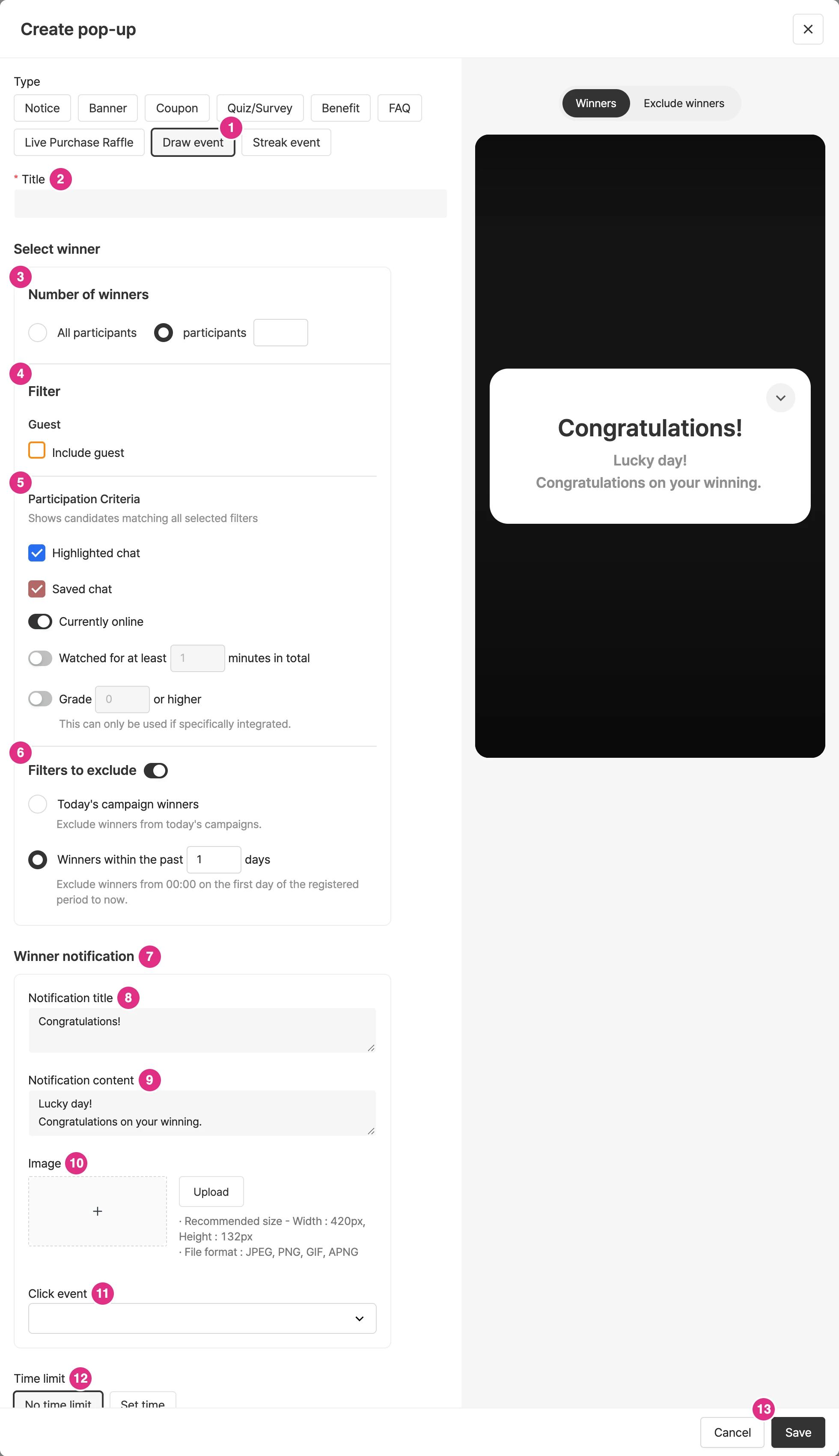 Create a prize draw popup