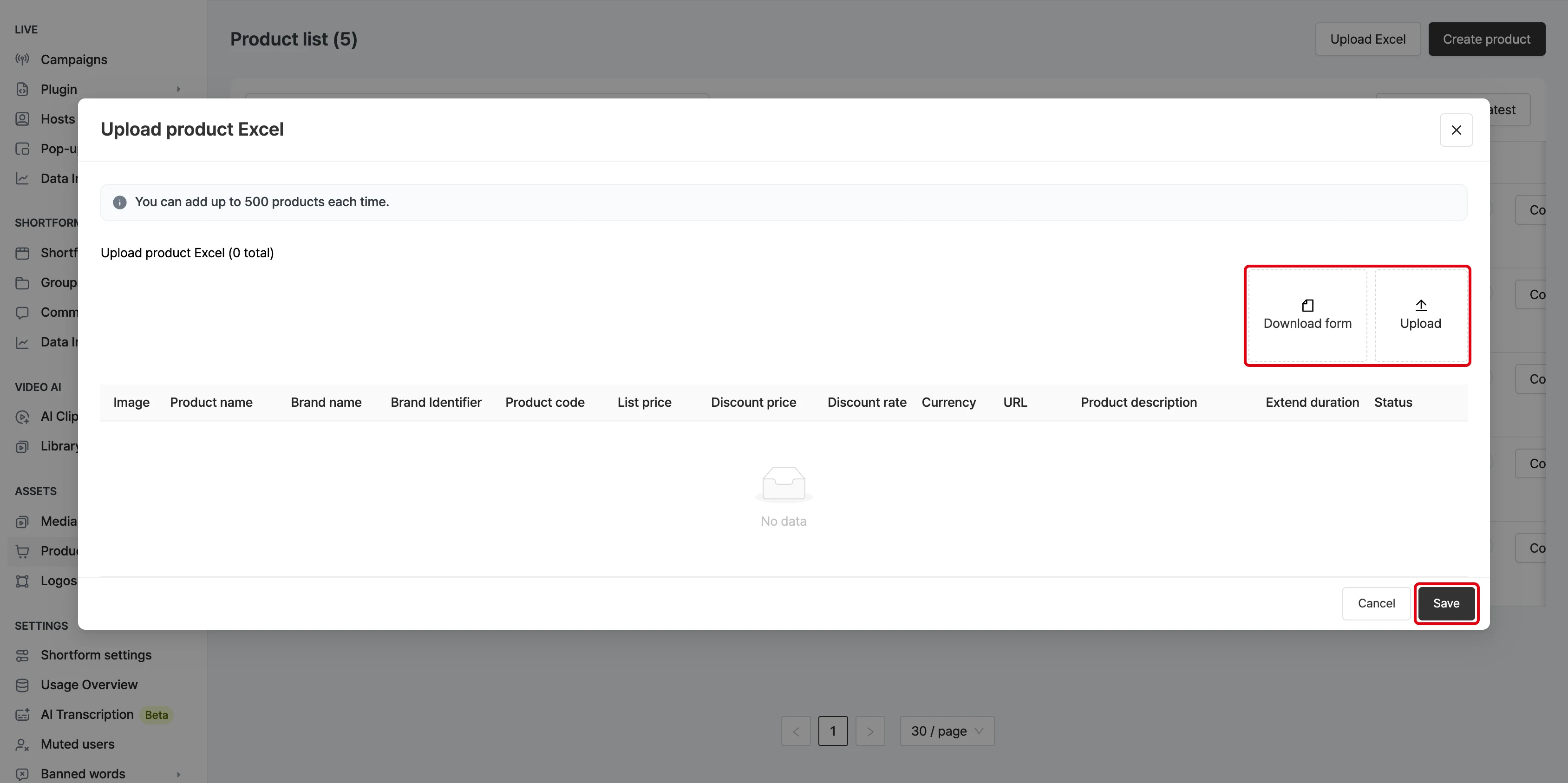 Upload an Excel file of product information in bulk