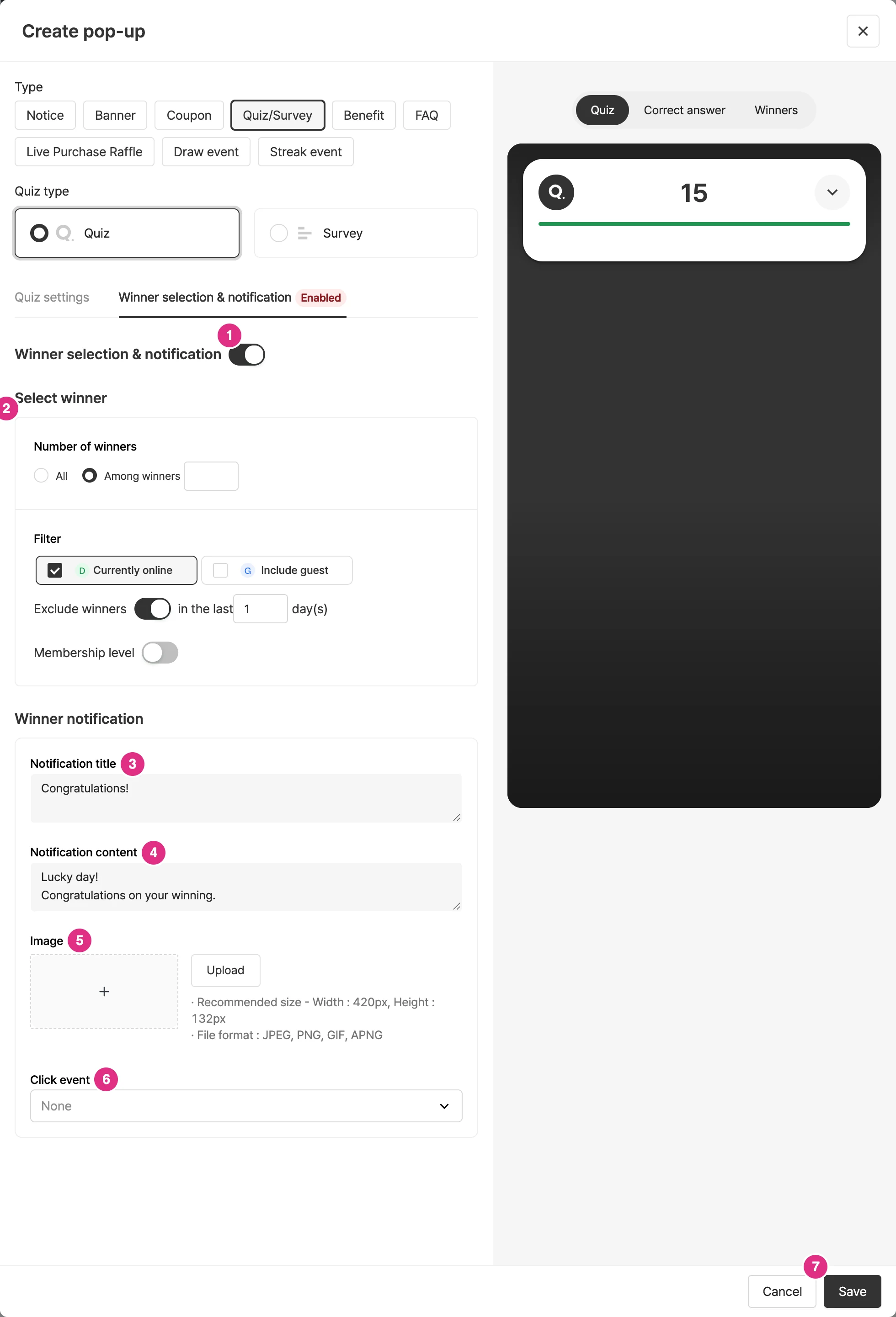 Quiz winner selection and notification