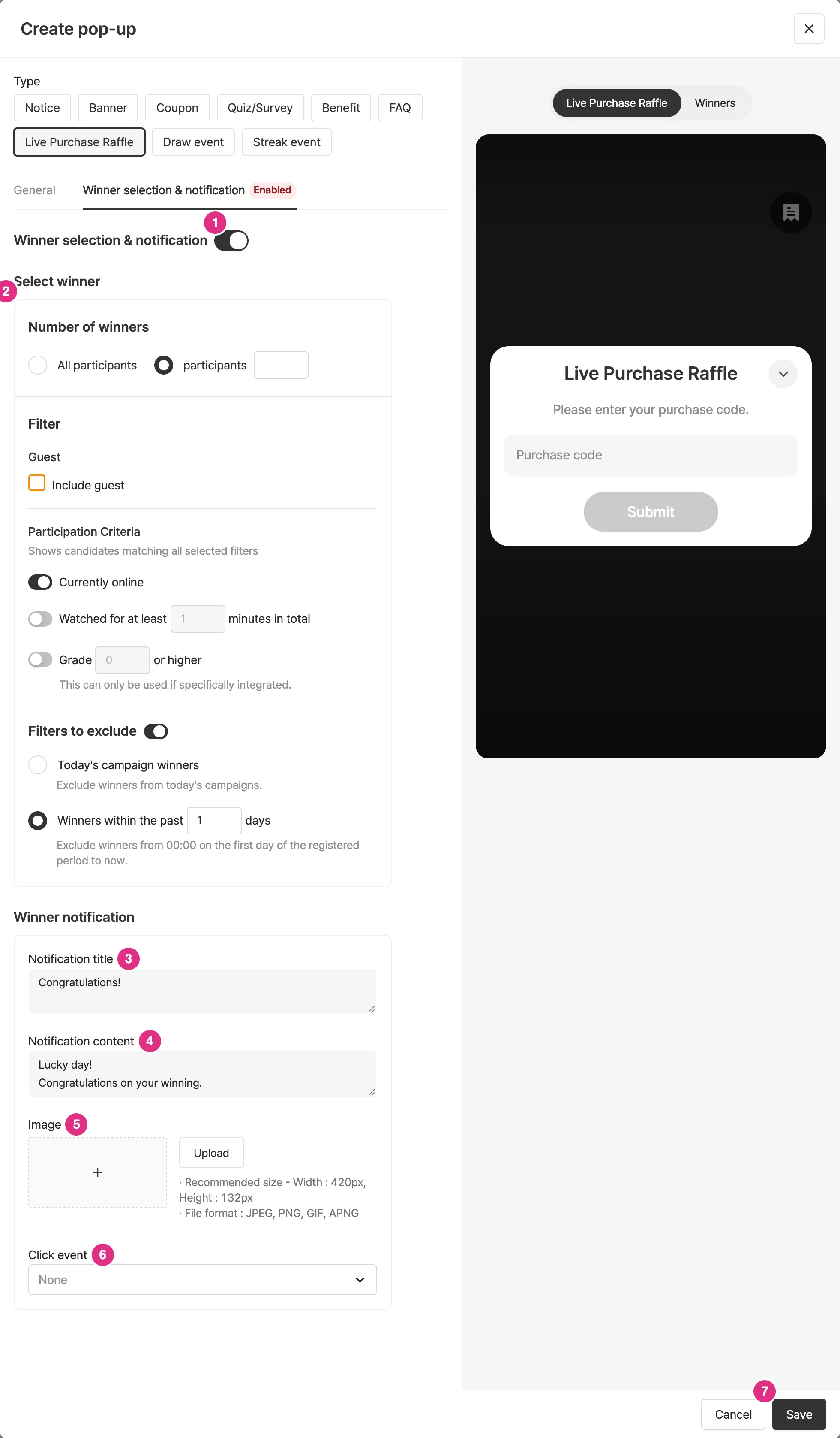 Purchase verification winner selection and notification