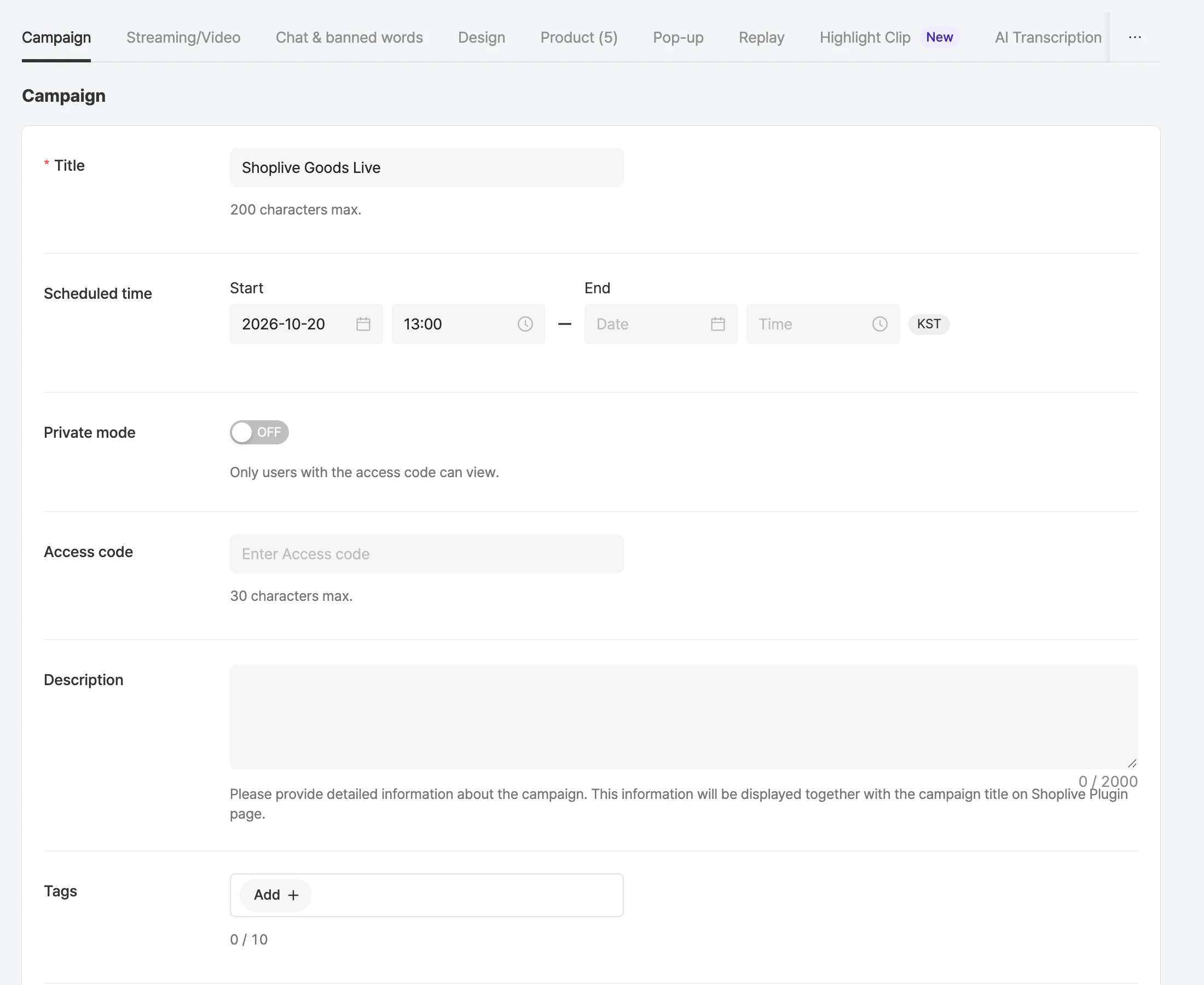 Campaign tab in the campaign details