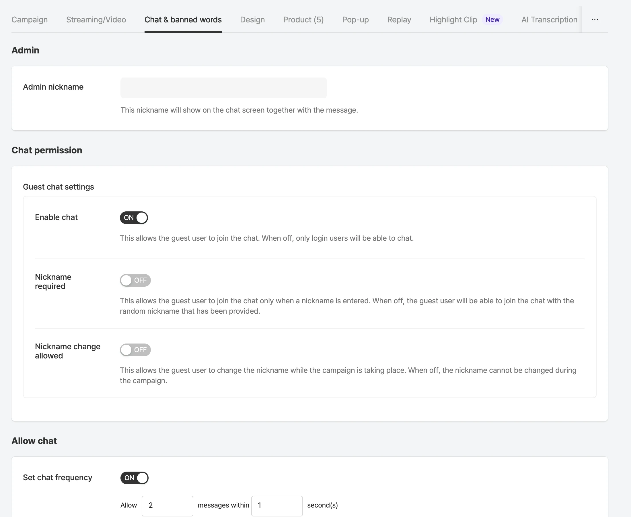 Chat & banned words tab in the campaign details