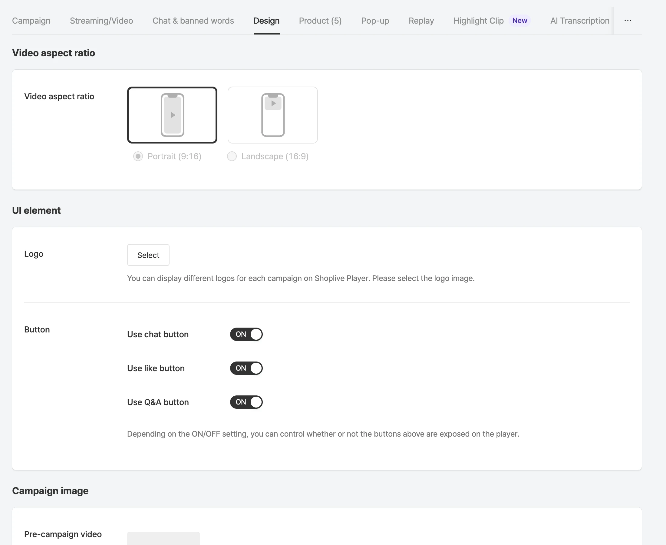 Design tab in the campaign details