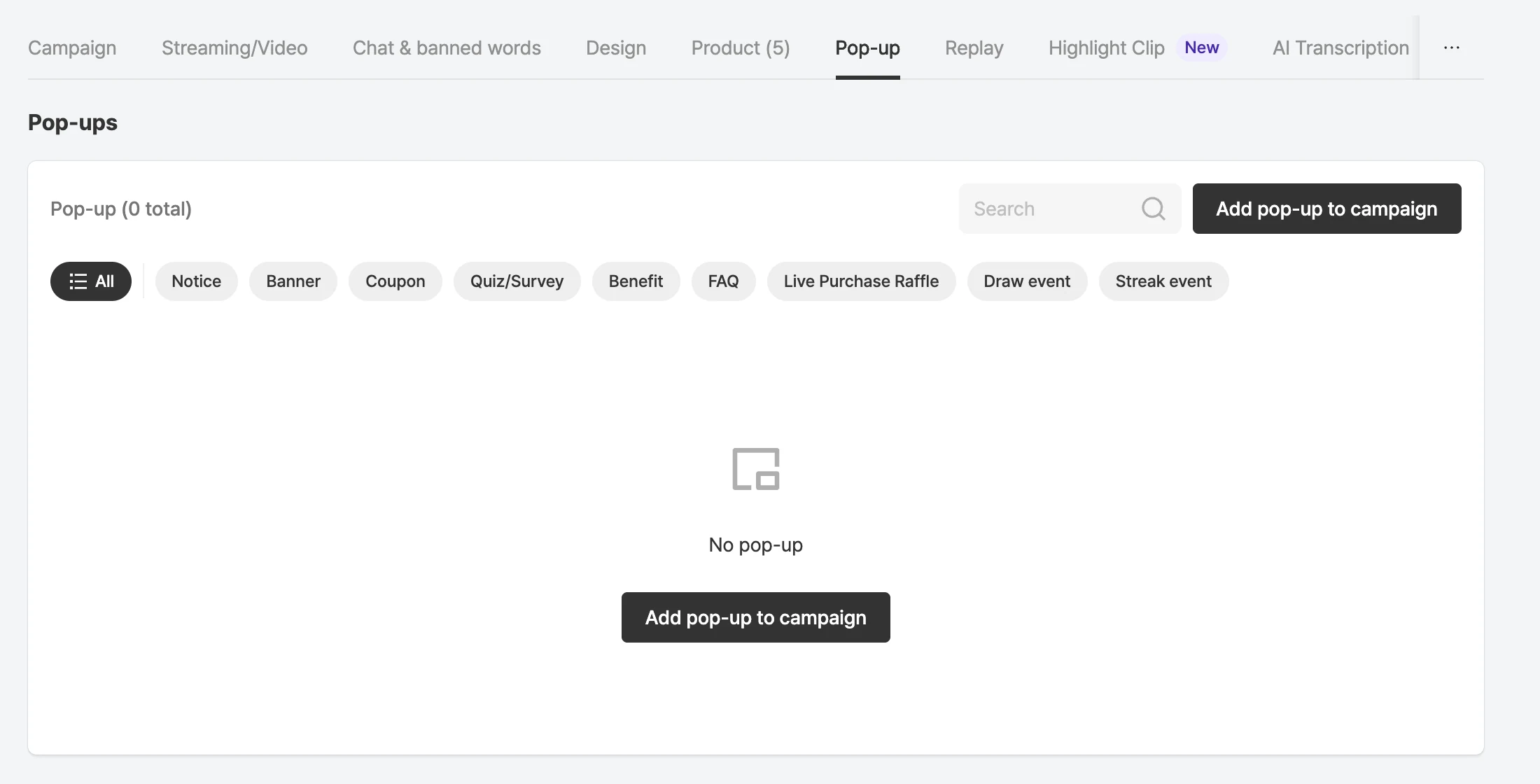 Pop-up tab in the campaign details
