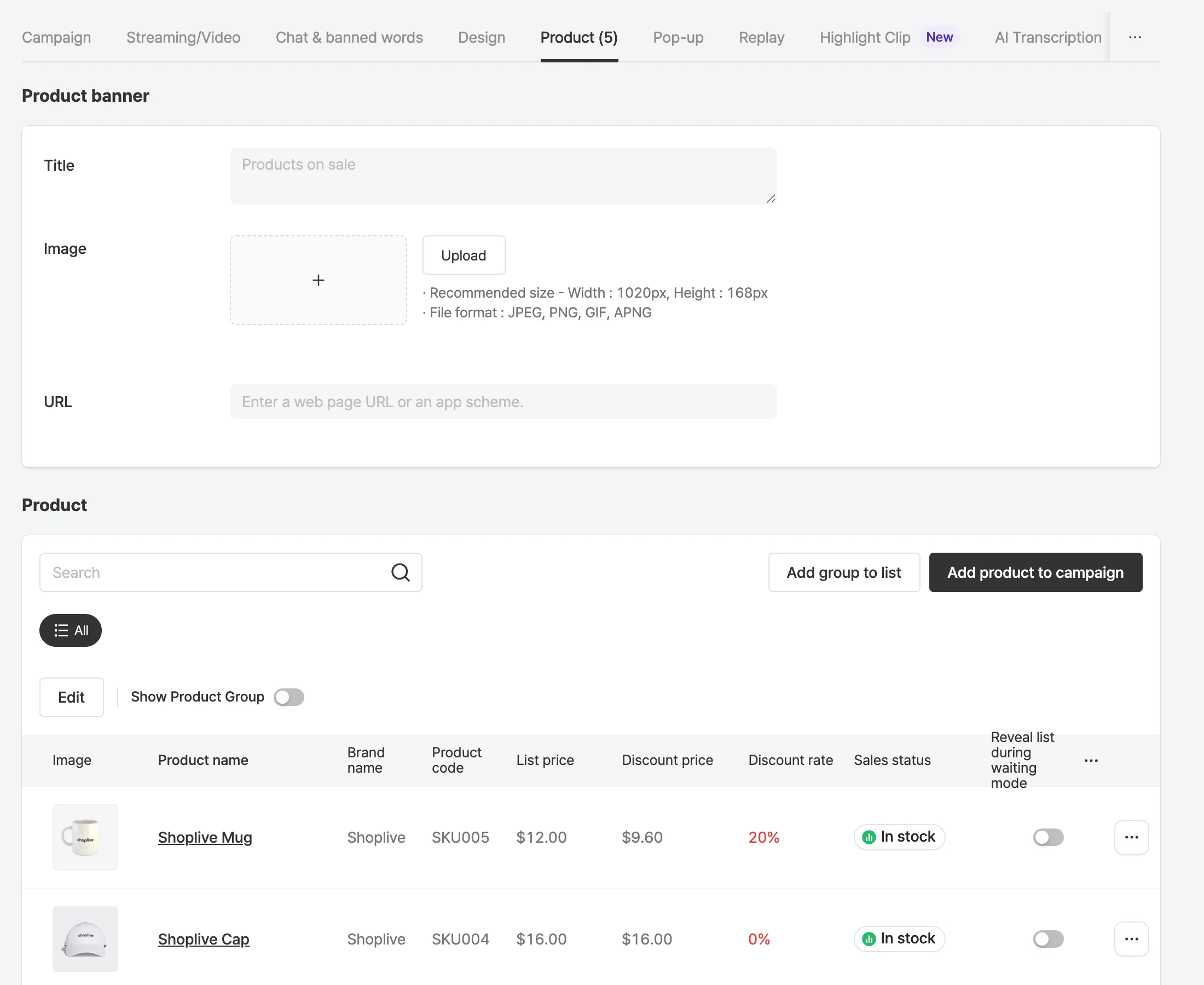 Product tab in the campaign details