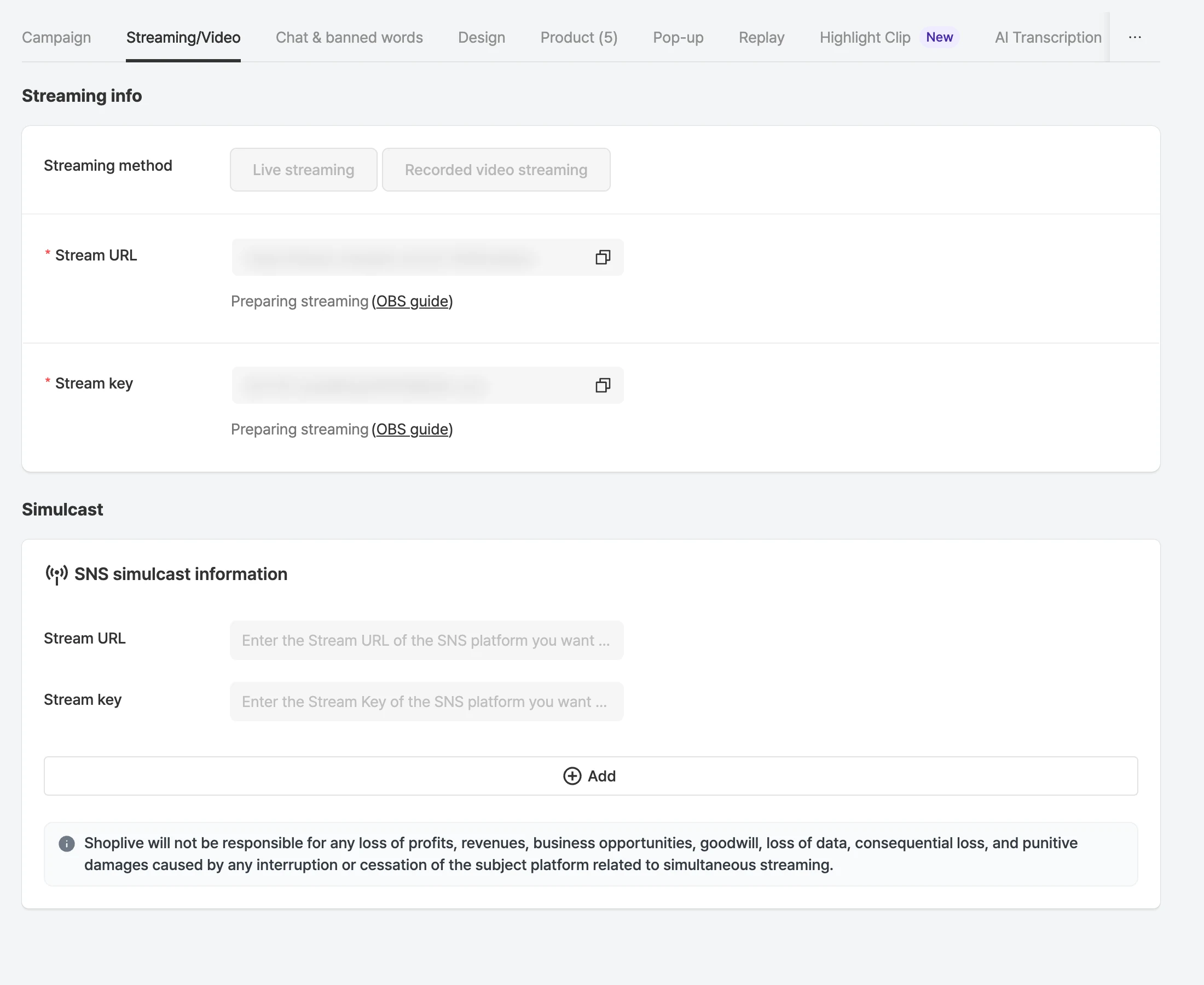 Streaming/Video tab in the campaign details