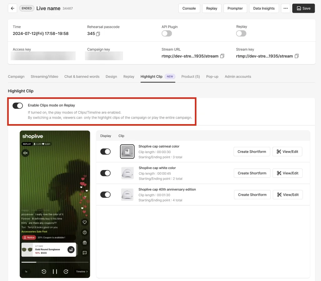 Enable View clips mode in the replay