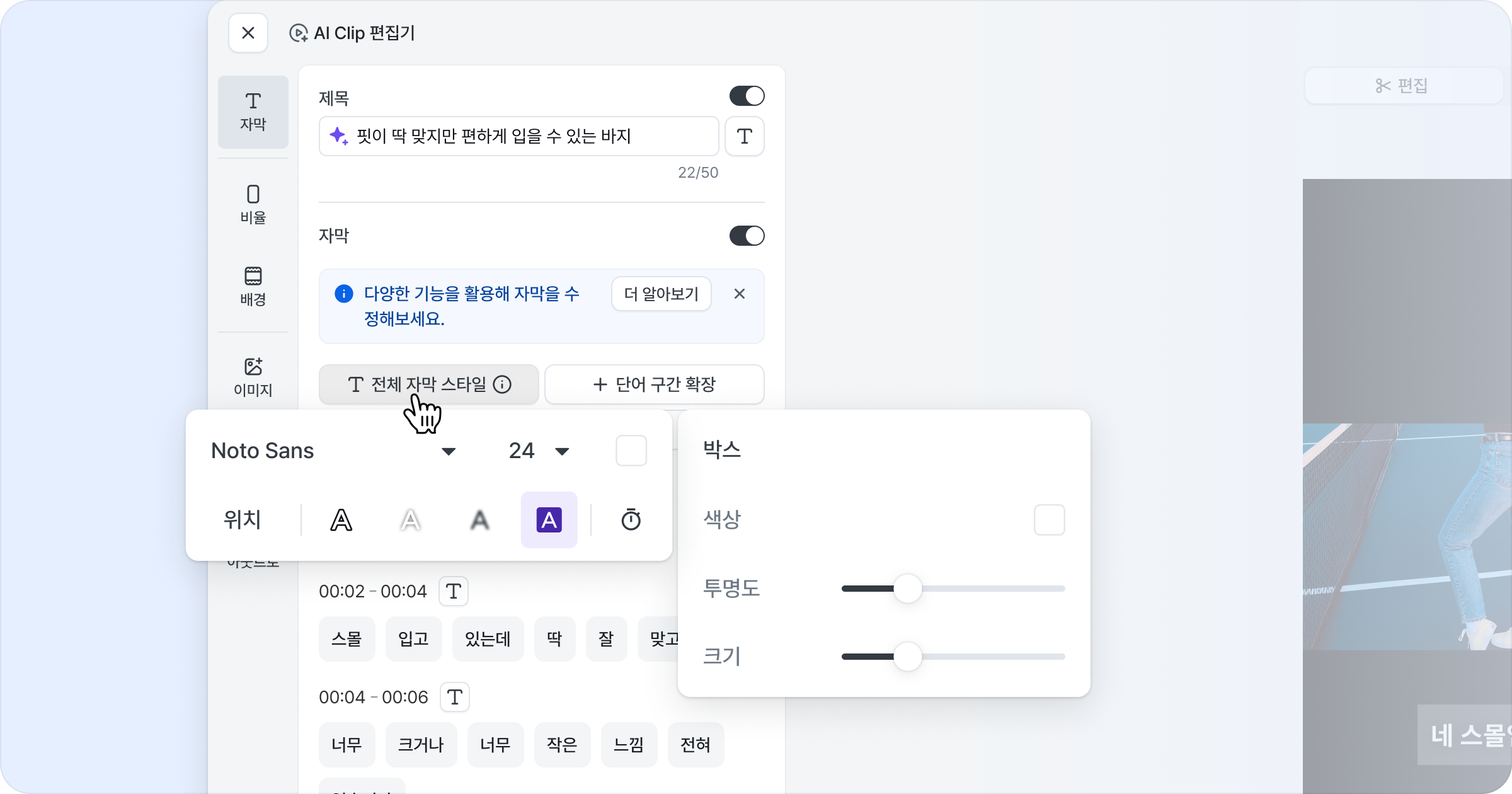 전체 자막 스타일 설정